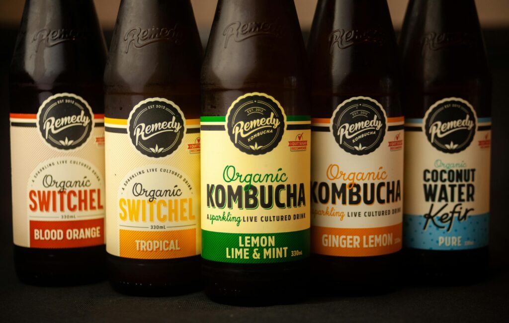 kombucha, kéfir de agua de coco, jengibre fermentado, rico en probioticos para la salud intestinal