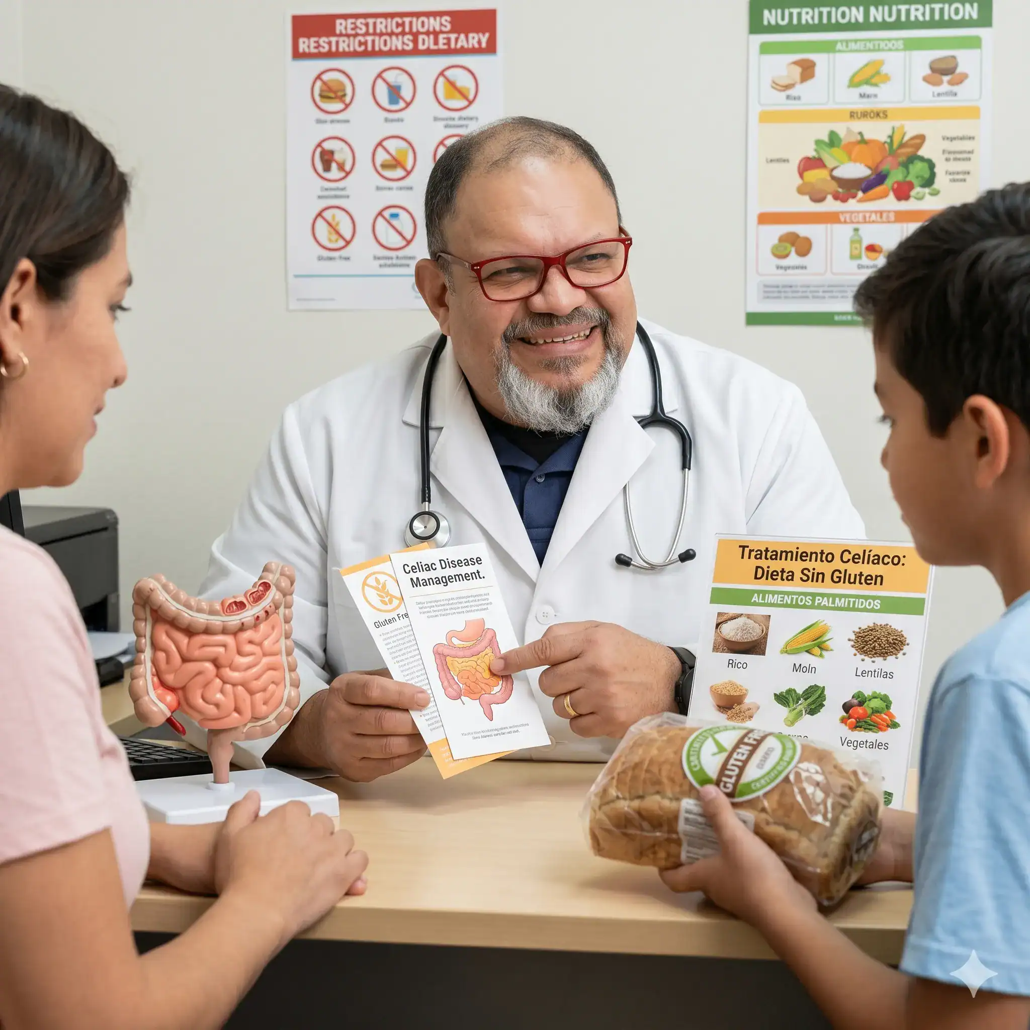 Médico especialista revisando historial de paciente celíaco