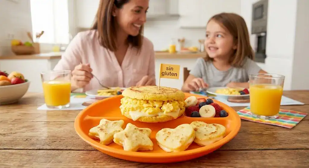Arepa de maíz sin gluten con huevo revuelto y queso para niños