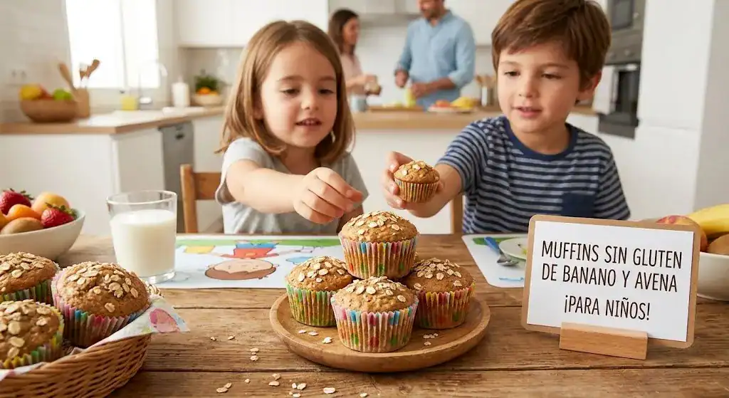 Muffins sin gluten de banano y avena para el desayuno de niños