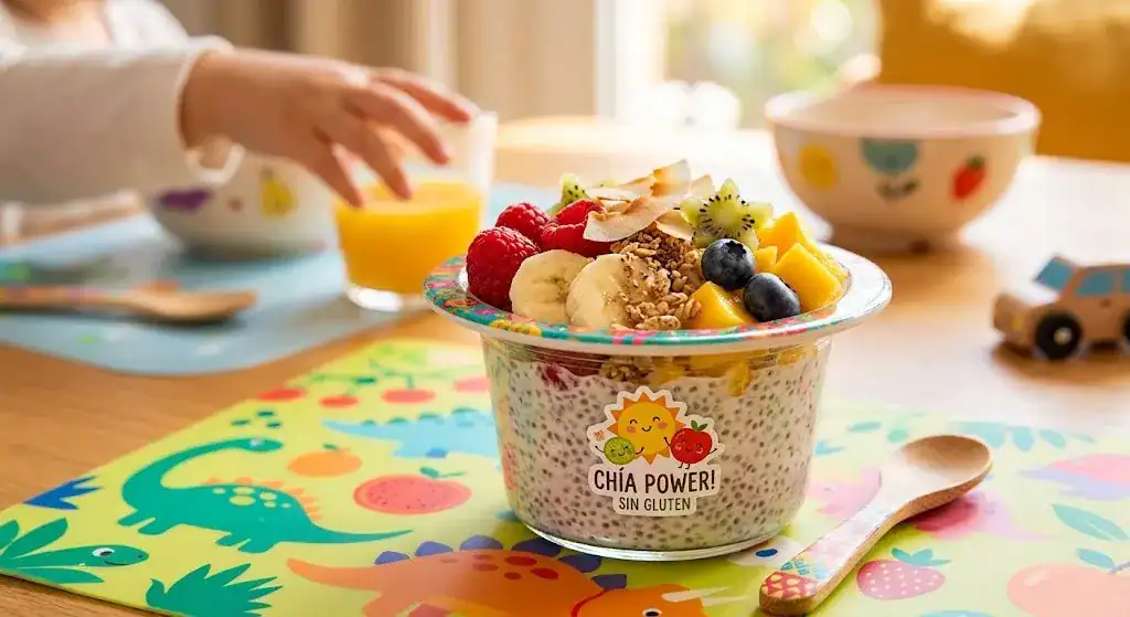 Pudín de chía sin gluten con frutas para desayuno de niños