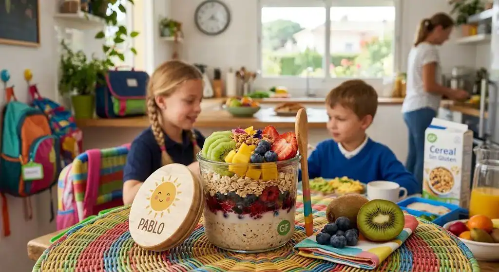 Vaso de overnight oats sin gluten con frutas para niño