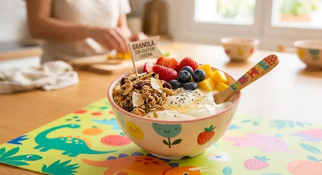 Yogur griego con granola sin gluten y frutas para desayuno infantil